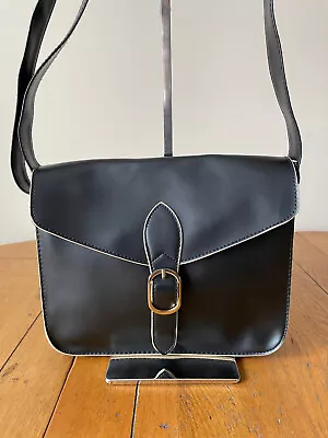 Black Vegan PVC Leather Flap Handbag Crossbody Saddle Bag Cream Trim • £7.99