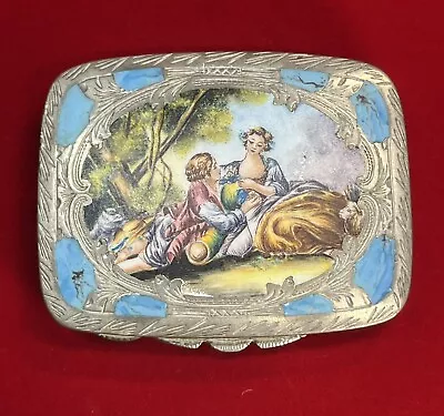 Antique Italian 800 Silver Enamel Romantic Scene Mirrored Compact • $360