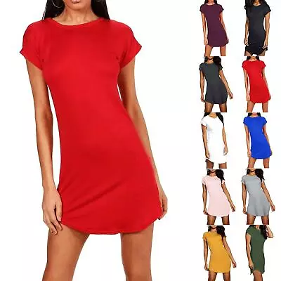 Womens Turn Up Cap Sleeve Longline Ladies Curved Hem Tunic Mini T-Shirt Dress • £5.49