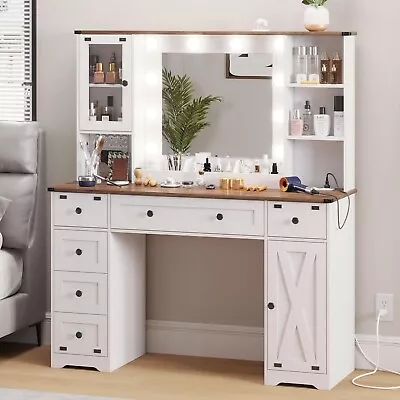 Farmhouse Makeup Vanity Desk With Mirror &Lights Large Vanity Table W/6 Drawers • $239.97