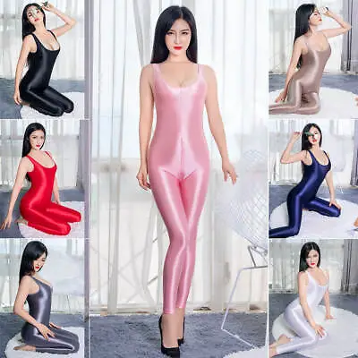 Women Wetlook Zipper Crotch Romper Shiny Satin Bodysuit Stretch Jumpsuit Catsuit • £19.19