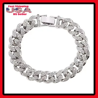 Miami Stainless Steel Iced CZ Link Cuban Chain Bracelet Curb Chain 11mm • $10.99