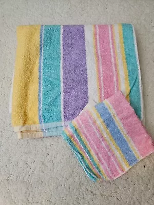 Vintage 70s 80s Cannon Bath Towel & Washcloth Set Pastel Stripe • $19.99