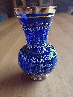 Vintage Bohemian Glass Cobalt Blue Vase With Gold Rim Roman/Greek Pattern 15cm  • $49.95