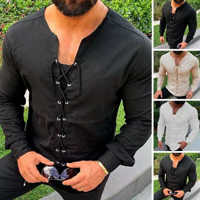 Medieval Men V Neck T-Shirt Lace Up Long Sleeve Muscle Fit Tee Top Casual Blouse • £12.47