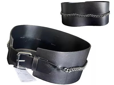 New Womens Allsaints Black Chain Cincher Wide Leather Belt M L 29.5 30.5 RRP £88 • £59.99