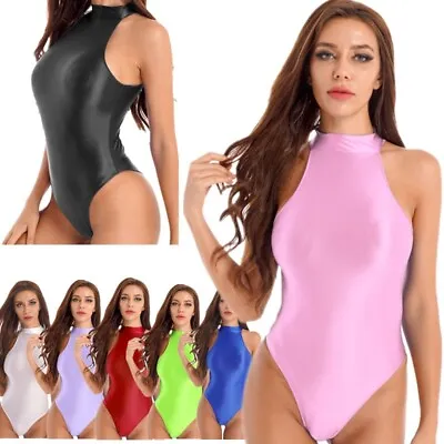 Women's Glossy Back Zipper Bodysuit Smooth Swimwear Sleeveless Shiny Leotards • $12.49