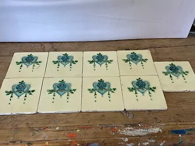 Original Art Nouveau Tiles Set Of 9 Fireplace / Wash Stand Heart Floral Design • £100