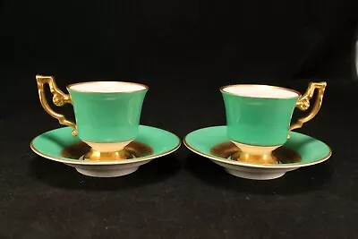 Heinrich H And C Selb Bavaria Germany Demitasse Cups And Saucers In Green & Gold • $55.95