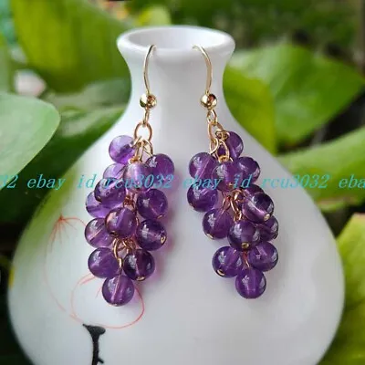 6mm Natural Purple Amethyst Round Gems Beads Grape Eardrop Gold Hook Earrings • $6.25