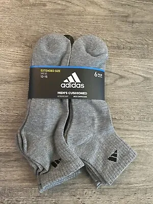 ADIDAS ~ 6-pair QUARTER Gray Socks Cushioned Mens ~ Extended XL 12-15 🎾⛳️⛵️ • $29.25