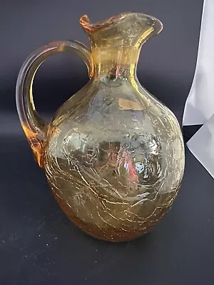 Crackled Glass Pitcher Amber Hand Blown Coin Spot Label Is Faded • $8.99