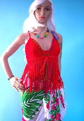 £10.99 • Buy BNWT Red Crochet Sun Top Wih Long Fringe And Coloured Wool M 12/14