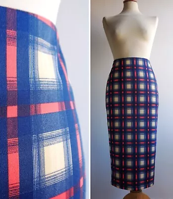 MARKS AND SPENCER Blue Check Bodycon Fitted Sexy Midi Pencil Skirt Size 8 BNWOT • £9.99