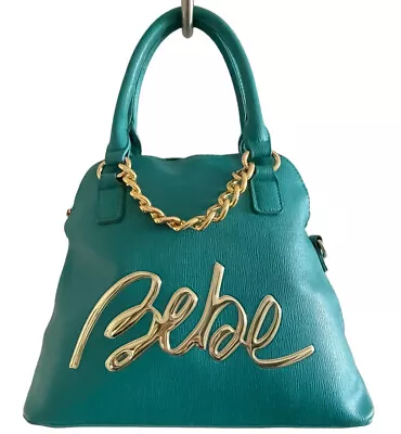 Bebe Gianna Logo Teal Dome Handbag Satchel Purse Bag Chunky Gold Chain Detail • $25