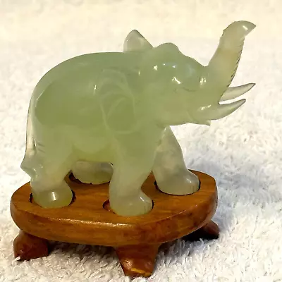 Vintage Chinese Carved Lime Green Jade Elephant W Trunk Up  On Wooden Stand Mini • $41.99