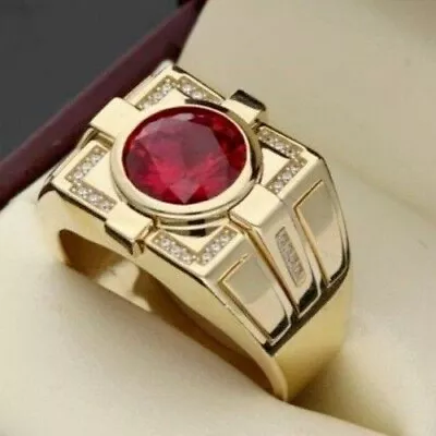 2.20Ct Round Cut Red Ruby & Diamond Wedding Men's Ring 14k Yellow Gold Plated • $96.99