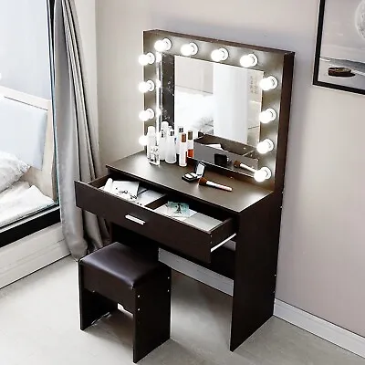 Panel Dresser Vanity Cabinet Makeup Table 12 LED Lights HD Makeup Mirror Stool • $19.99