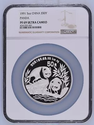 1991 5 Oz CHINA PANDA 5 Oz SILVER 50Y NGC PF69UC FINEST GRADED • $895