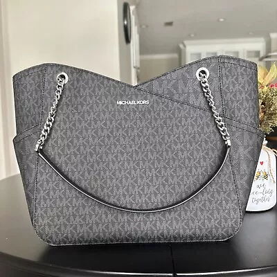 Michael Kors Jet Set Travel Large Chain Shoulder Tote Black MK Signature • $129