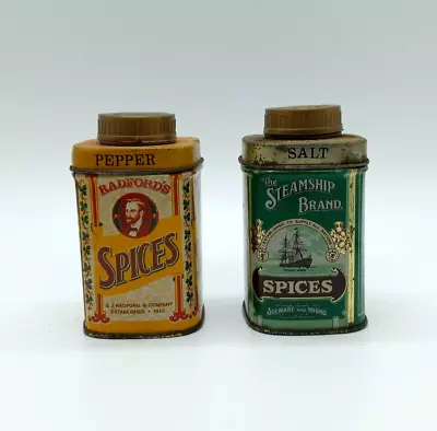 VTG SPICE TIN SALT AND PEPPPER SHAKERS 4in HONG KONG RADFORDS STEAMSHIP BRAND • $4.99