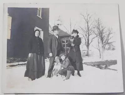 Vintage Antique Picture Of Family Of 4 With A Dog And Cat Standing In The Snow • $2.75