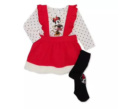 Disney Minnie Mouse Baby Girl Top Pinafore And Tights Outfit Set 3-Piece • $28.95