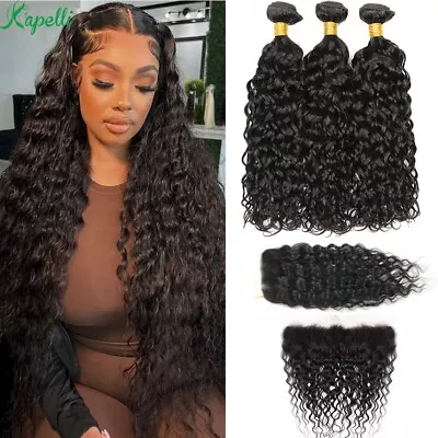 Brazilian Virgin Human Hair 3 Bundles With Lace Closure/Frontal Water Wave Hair • $55.46