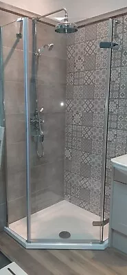 £650 • Buy Shower Enclosure PENTAGON Frameless Hinged Door Glass With Side Panel & Tray 6mm