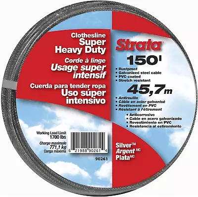 Strata 150 Feet Clothesline Outdoor Heavy Duty Galvanized Wire Steel Cable Silv • $40.44