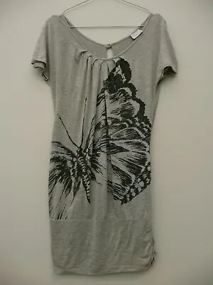 OASIS Size UK 8 BUTTERFLY PRINT Dress Grey Black SPLIT BACK Viscose Jersey XS 34 • £5