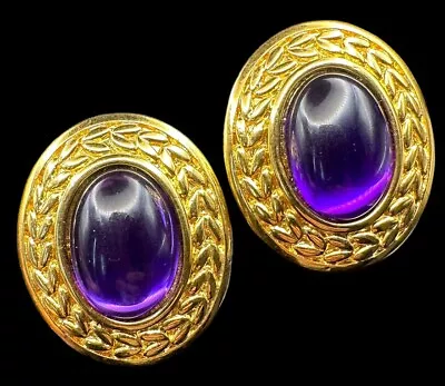 TRIFARI Purple Glass Cabochon Gripoix Style Etruscan Yellow Gold Tone Earrings • $35