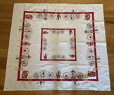 Vintage Tablecloth Swedish Kitchen Teapot Pattern Heavyweight Cotton 50”x46” • $14