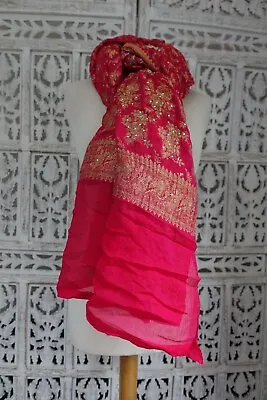 Pink Silk Chiffon Banarsi Gold Vintage Bollywood Dupatta Chunni Shawl SKU19184 • £28.99