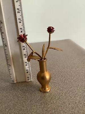 Vintage Dollhouse Miniature Artisan Roses In Brass Vase Flower Arrangement • $29.99