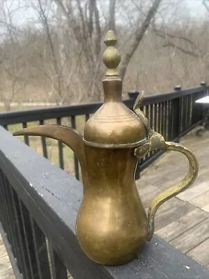 Vintage Handmade DALLAH Arabic Turkish Solid Brass Coffee Pot 10”T Signed • $29.95