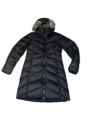 Eddie Bauer Women’s Size XS Down Parka Coat Black Fur Lined Hood Stadium • $56