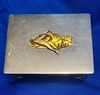 Trinket Box Silver Chrome Wood Inside Lining Footed Japan Ibex Emblem Vintage • $15.99