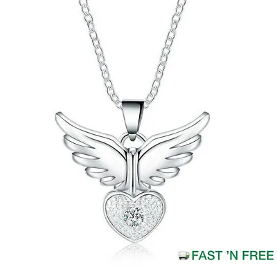 £3.95 • Buy Quality 925 Sterling Silver Angel Wing Heart Crystal Gem Pendant Necklace UK NEW