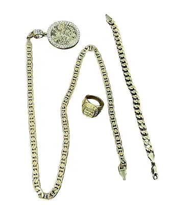 18k Gold Plated Mexico 50 Pesos Coin Pendant & Chaîne And Men Bracelet Set 4 Pcs • $139.50