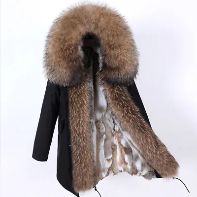 Women Parka Real Natural Raccoon Fur Coat Collar Hooded Winter Jacket Fluffy Fur • $222.29