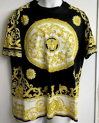 Versace Mens T Shirt Black Cotton Gold Medusa Print Crew Short Sleeve XXL Runs S • $350