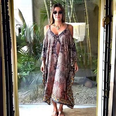 New Women Silk Mix Long Kaftan/ Resort Wear Soft And Flowy V Neck Free Size • $85