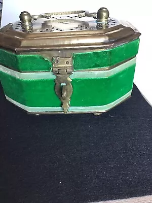 Vintage Brass Octagonal Cricket  Trinket Box W/ Handle And Latch & Green Velvet • $10