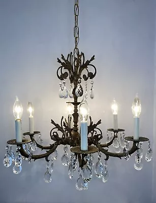 Vtg 1950’s-60’s  Brass/Bronze Chandelier 6 Light Crystal Prisms  23” Diameter • $375