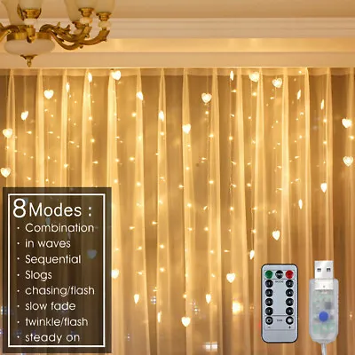 £9.99 • Buy Heart Shape LED Curtain Fairy Lights String Indoor/Outdoor Wedding Party Decor