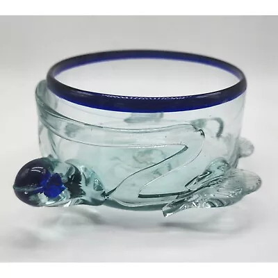 Hand Blown Mexican Glass Blue Trim Clear Coastal Sea Turtle Bowl NWOT • $49.99