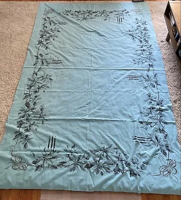 Vintage California Hand Prints Turquoise Christmas Tablecloth Large 60” X 96” • $120