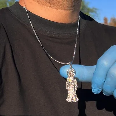 La Santa Muerte Silver Tone 2  Pendant CZ 316L Stainless Steel  Cuban Chain 30  • $29.95