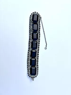 Vintage Black Glass Large Emerald Cut Rhinestone Row Bracelet • $49.99